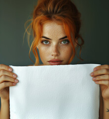 Pretty redhead female holding up a paper towel with room for text or copy space. Cleaning , sanitary advertisement - 761456013