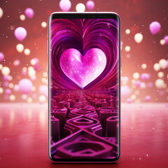 Pink heart surrounded by swirling patterns, a romantic digital art.
