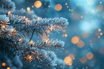 Festive New Year's Christmas background with fir branches decorated with festive garlands. Horizontal banner, bokeh effect, with space for text.