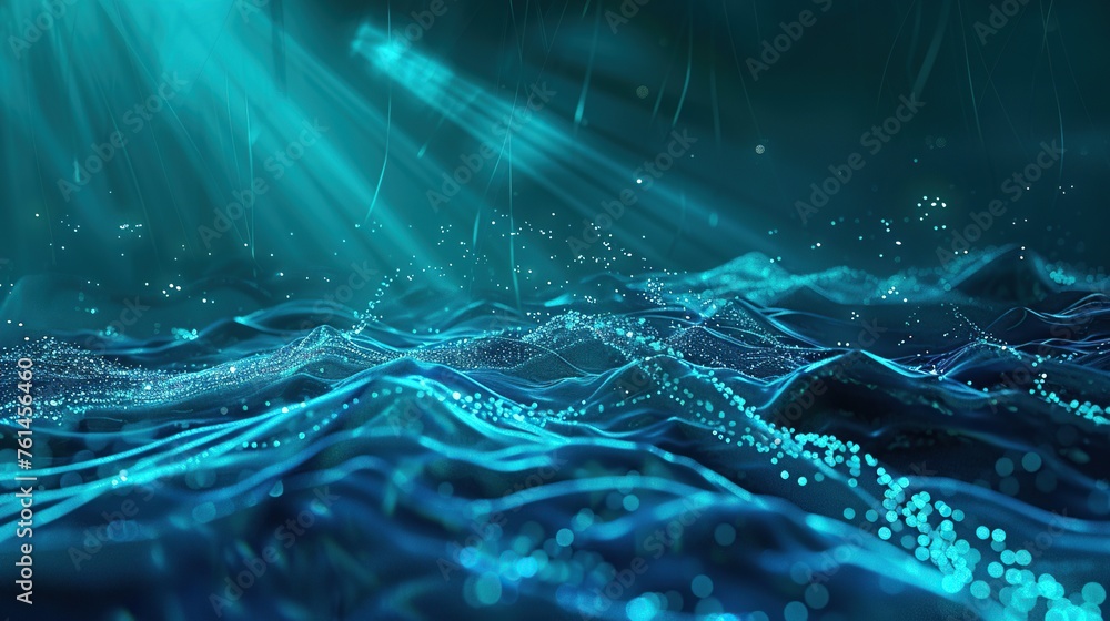 Poster a serene blue backdrop with glowing aqua highlights and particle connections, symbolizing tranquil y