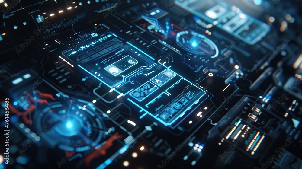 Poster this image presents a high-tech blueprint, illuminating the future of technology with its complex ci