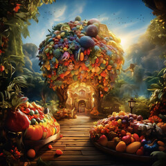 Fruit-laden tree, vibrant path, abundant harvest.
