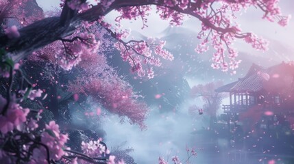 A breathtaking view of cherry blossoms by a lake at sunset, creating a romantic and peaceful landscape, perfect for serene themes.