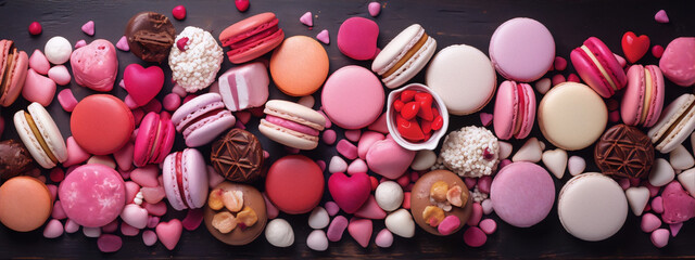Colorful and sweet food photography of pink and red macarons and candies on a dark wood background.