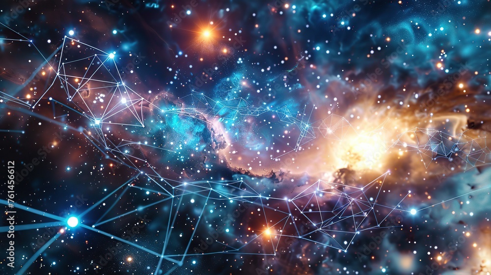 Poster a cosmic tableau showcasing constellations formed from interconnected lines and nodes, capturing the