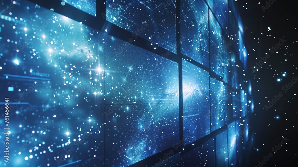 Poster depicting a cosmic scene infused with a cybernetic network, this image merges the wonder of the univ