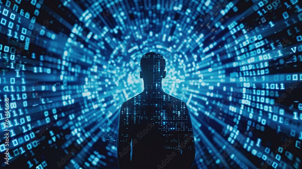 Poster an abstract human silhouette against a backdrop of binary code, embodying concepts of cyber intellig