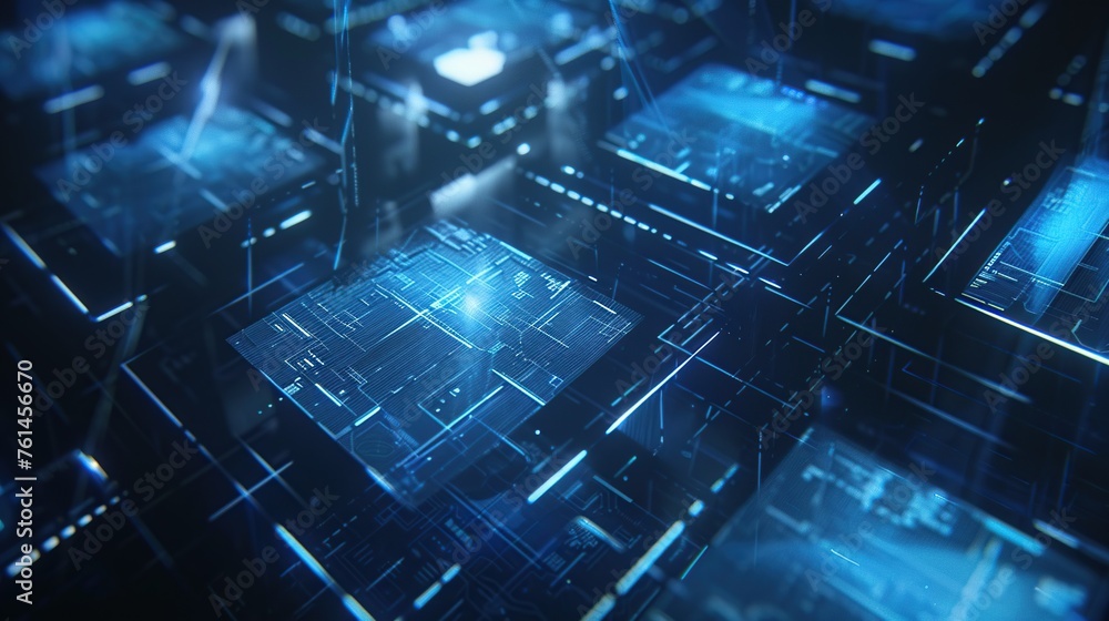 Poster a visual representation of a microprocessor's intricate pathways, shining in neon blue, symbolizes c