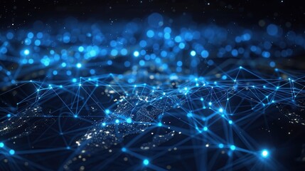 An abstract representation of global connectivity featuring a sparkling blue digital network overlaying a dark background, symbolizing modern communication, technology application