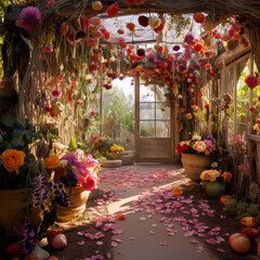 A floral-filled greenhouse, vibrant colors, peaceful atmosphere.
