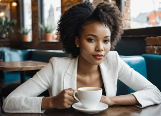 Foto op Canvas Beautiful african girl sits in a cafe with  a cup of hot tea © Universeal