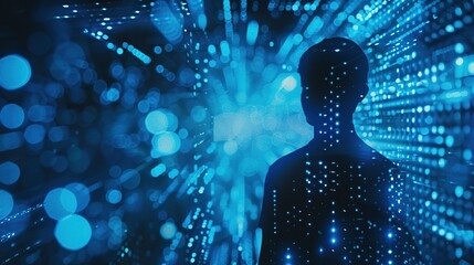 A figure stands immersed in a digital world, symbolizing cybernetic enlightenment and the fusion of human intellect with technology. Suitable for concepts in AI, VR