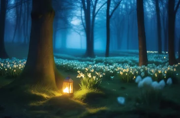 Foto auf Acrylglas Lanterns candles on the grass in the dark forest of Walpurgis night © Виктория Воинская