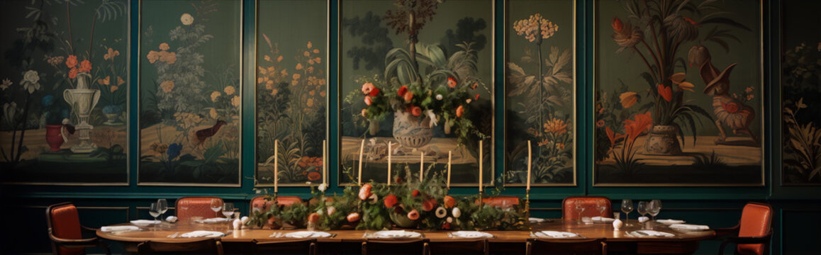 An image of a long dinning table set with fine china and floral centerpieces in a room with green walls and dark wood furniture.
