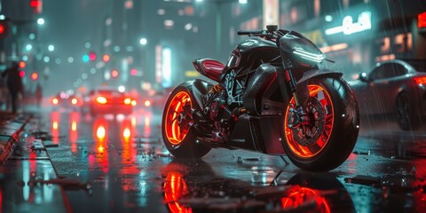 Motorcycle Parked in City Night