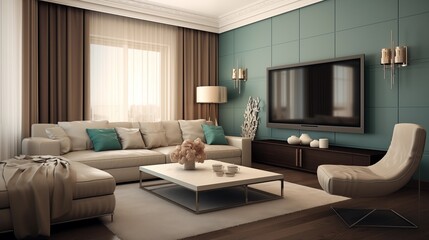 Taupe Walls with Teal and Beige Accents in the TV Lounge.
