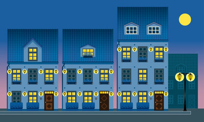 Vector of European style street and buildings. With night time background.