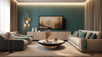 Taupe Walls with Teal and Beige Accents in the TV Lounge.