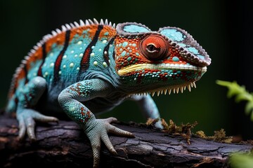 Fototapeta premium a hyper realistic, bioluminescent chameleon with vibrant, psychedelic colors, set against a dark, tropical forest backdrop