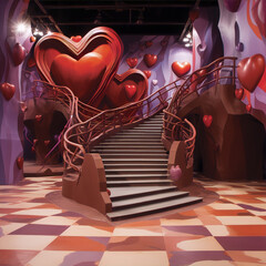 Whimsical 3D rendering of a staircase with giant red hearts in the background.