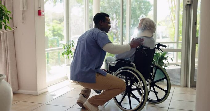 Old woman, wheelchair and window or nurse support as retirement illness or person with disability, cough or comfort. Man, volunteer and empathy in clinic or neck injury, rehabilitation or healthcare