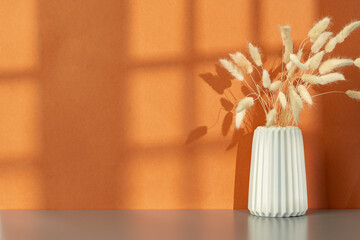 Vase with dry flowers against orange background with shadow pattern