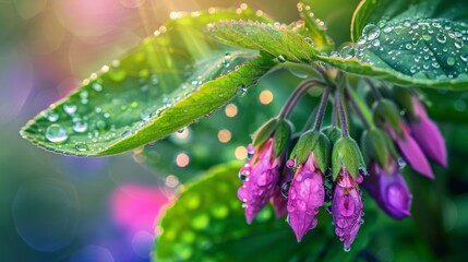 A vibrant close-up of Comfrey (Symphytum officinale) leaves and purple flowers, with dewdrops on them, in the early morning light. - obrazy, fototapety, plakaty