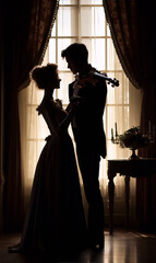 19th Century silhouette of a couple dancing in a ballroom - obrazy, fototapety, plakaty
