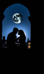 The image is of a couple kissing in front of a full moon. The image is in the art style of silhouette and the subject is a couple in love. The colors in the image are blue, black, and white.