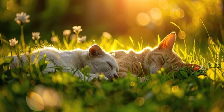 sleeping dog and cat in grass with beautiful sunshine and blurred background