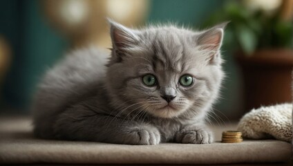 A relaxed gray kitten lies on a soft beige surface with a tiny pile of coins beside it, portraying tranquility and simplicity