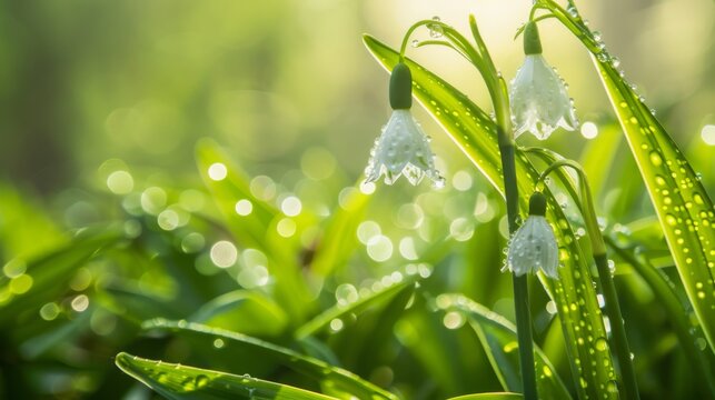 A close-up of Leucojum vernum (Spring Snowflake) in a dense spring forest, showcasing the intricate details of the flower against a background of blurred greenery.