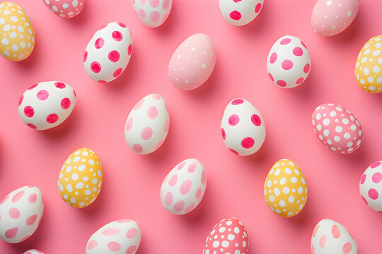 Illustrated Pattern of Pink, White, and Yellow Easter Eggs over Pink Background
