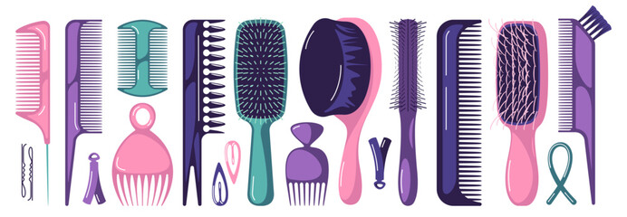 Hair styling tools. Cartoon professional hairdresser equipment, hair dryer straightener brush comb hairpin hairdresser accessories. Vector set. Colorful objects for beauty salon services - obrazy, fototapety, plakaty