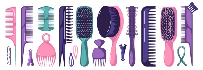 Foto op Plexiglas Hair styling tools. Cartoon professional hairdresser equipment, hair dryer straightener brush comb hairpin hairdresser accessories. Vector set. Colorful objects for beauty salon services © Frogella.stock