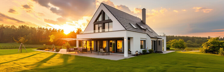 Photo of modern house with gable roof and terrace on the first floor, white walls with black window...
