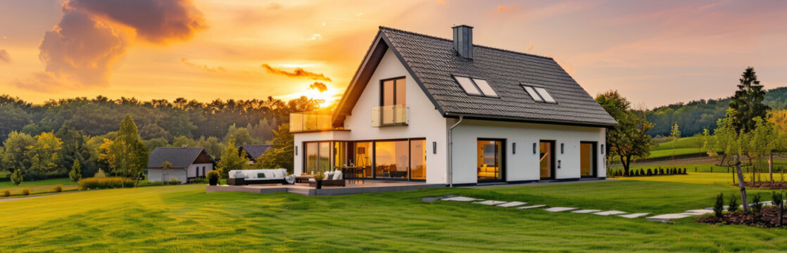 Photo of modern house with gable roof and terrace on the first floor, white walls with black window frames in an environment surrounded by green grass at sunset