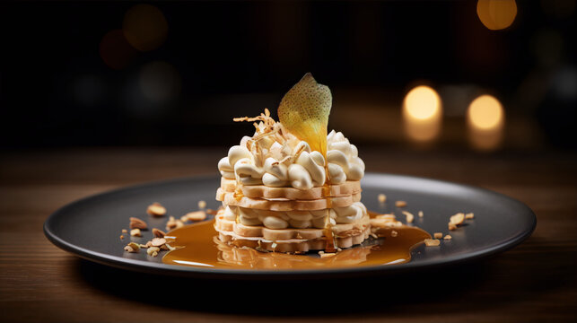 Close-up image of a plated dessert with a dark background.