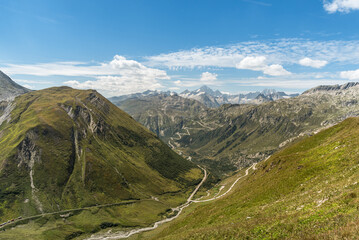 View from the Furka Pass into the Rhone Valley, in the background the serpentines of the Grimsel Pass road, Obergoms, Canton of Valais, Switzerland