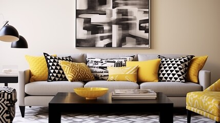Use black and yellow graphic print cushions on a neutral-colored sofa for a pop of color.