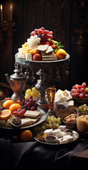 Still life painting of a table full of food with fruit, cheese, and crackers.