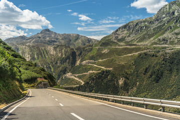 Furka Pass road, in the background the serpentines of the Grimsel Pass road, Obergoms, Rhone...