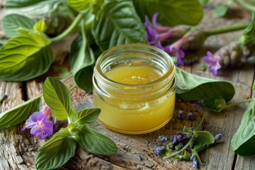 A jar of homemade Comfrey (Symphytum officinale) ointment, surrounded by fresh Comfrey leaves and flowers on a rustic wooden table. Homemade remedy, natural ingredient, therapeutic atmosphere, natural - obrazy, fototapety, plakaty