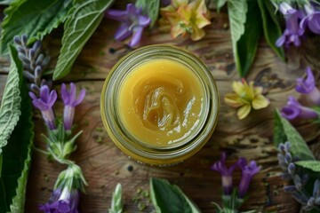 A jar of homemade Comfrey (Symphytum officinale) ointment, surrounded by fresh Comfrey leaves and flowers on a rustic wooden table. Ingredients like beeswax and essential oils. - obrazy, fototapety, plakaty