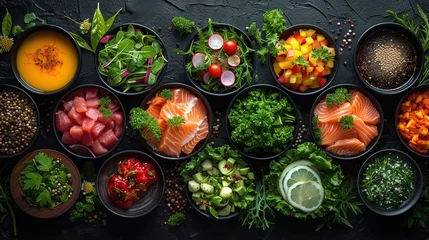 Foto op Aluminium pots contain a variety of ingredients natural foods, fruits, and staple foods. The cuisine is made from whole foods and fresh produce for a delicious recipe © Odesza
