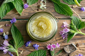 A jar of homemade Comfrey (Symphytum officinale) ointment, surrounded by fresh Comfrey leaves and flowers on a rustic wooden table. Ingredients like beeswax and essential oils. - obrazy, fototapety, plakaty