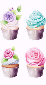 Four watercolor cupcakes with roses.