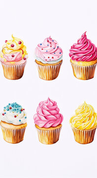 Watercolor cupcakes with pink, blue and yellow frosting and sprinkles.