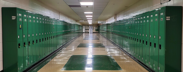 A row of green lockers in a hallway created
