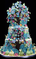 Celebration cake with fantasy flower tree topper and blue green purple pink yellow flowers